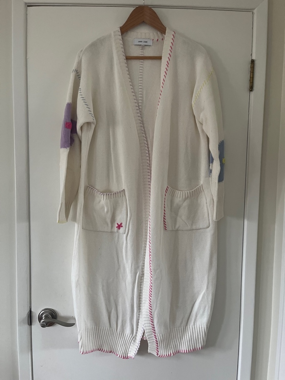 John + Jenn Cream Knit Cardigan with Pastel Stitching
